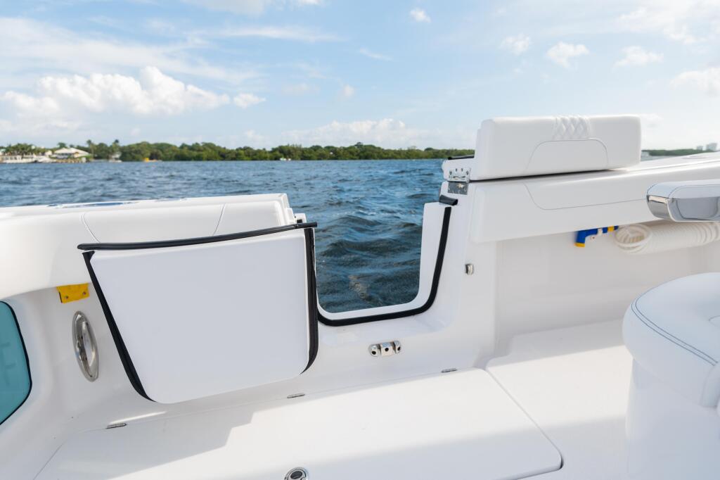 Side-entry doors open on a white boat with calm blue water and forested shoreline visible in the background