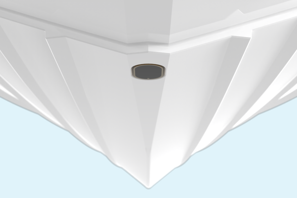 Recessed boat ceiling with integrated lighting strips and a mounted transducer sensor