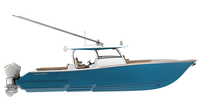 Blue and white Phenom 43 fishing boat shown in side profile with hard-top canopy and twin outboard engines