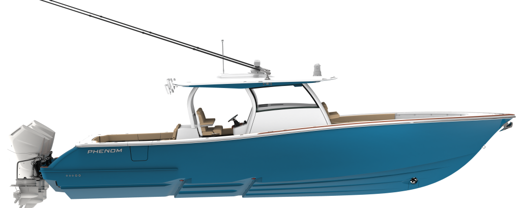 Blue and white Phenom 43 fishing boat shown in side profile with hard-top canopy and twin outboard engines