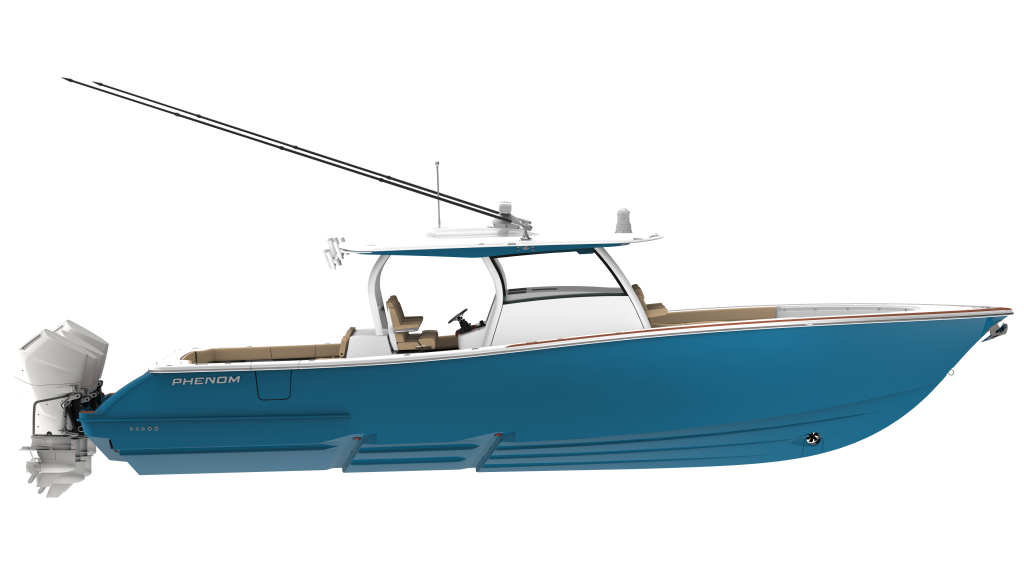 Blue and white Phenom 43 fishing boat shown in side profile with hard-top canopy and twin outboard engines