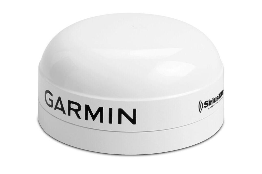 White Garmin satellite antenna with SiriusXM branding mounted on dome housing