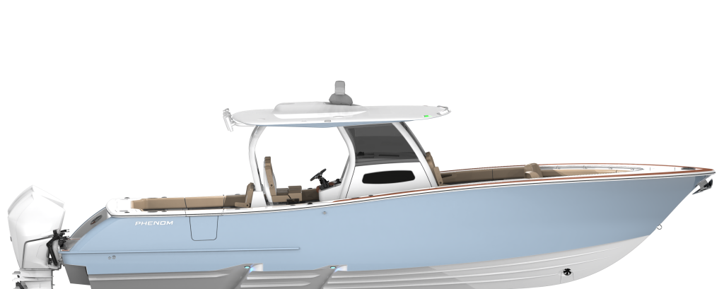 Light blue Phenom 37 boat with hard-top, white outboard engine, and tan seating viewed from the side