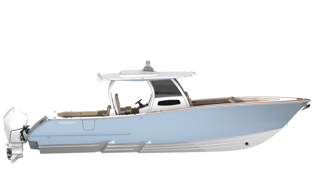 Light blue Phenom 37 boat with hard-top, white outboard engine, and tan seating viewed from the side