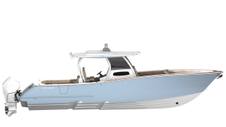 Light blue Phenom 37 boat with hard-top, white outboard engine, and tan seating viewed from the side