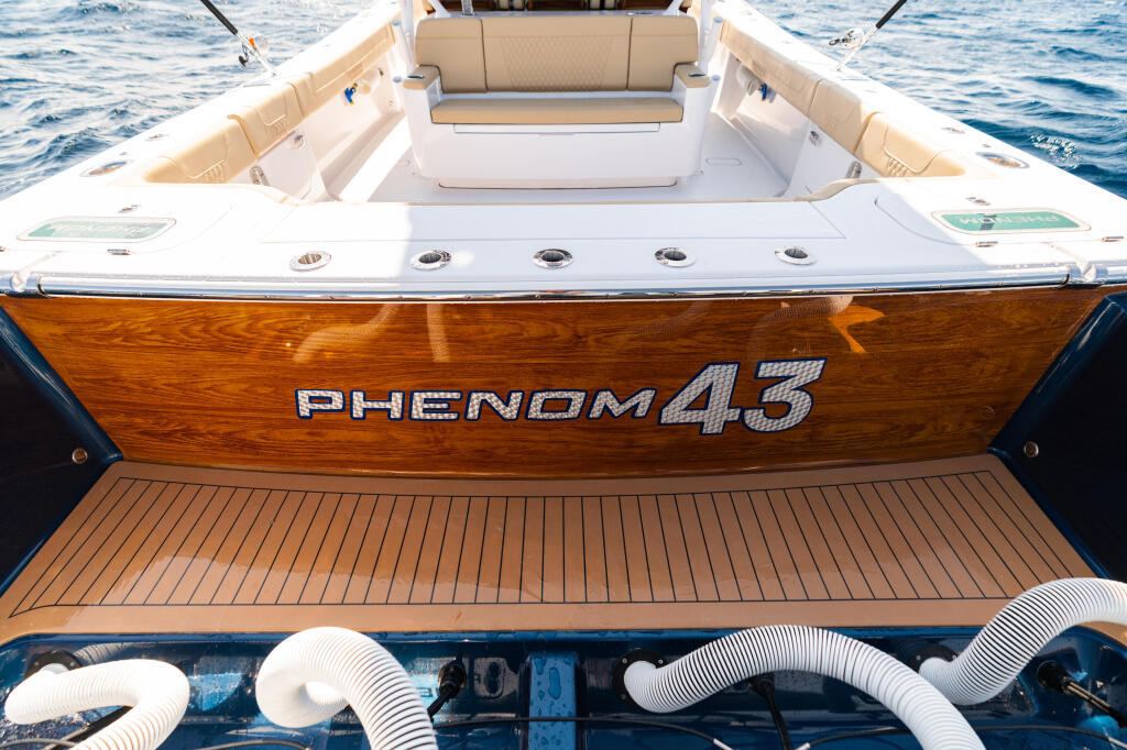 Phenom 45 stern with teak-look transom, cream seating, and white hoses against blue water