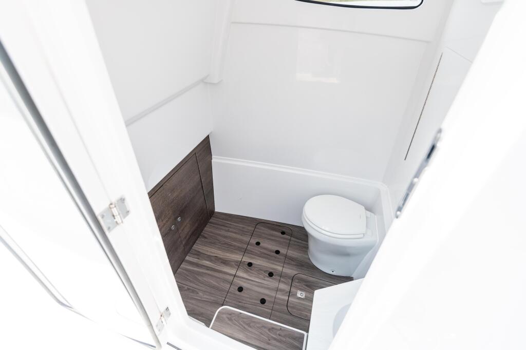 Clean white cabin interior with toilet, dark wood-grain flooring, and storage compartment
