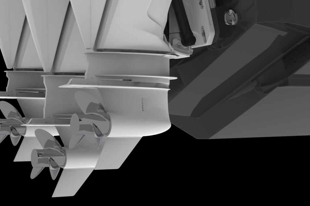 Overhead view of dual outboard engines with propellers and mounting hardware on boat transom