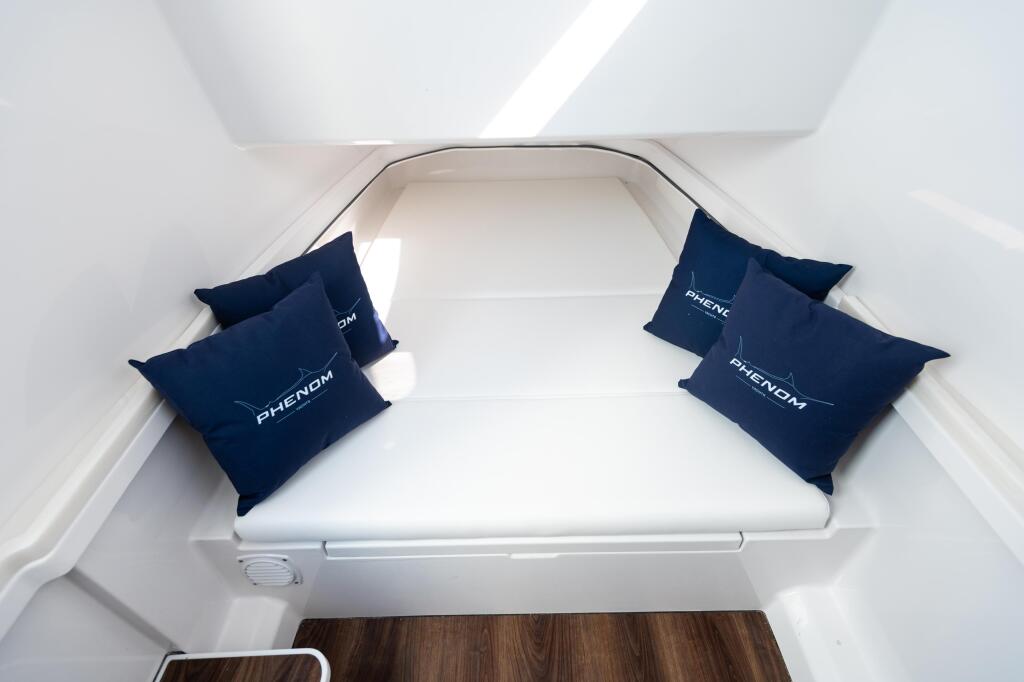 Cabin berth with white cushioned bunk and navy Phenom-branded pillows under skylight