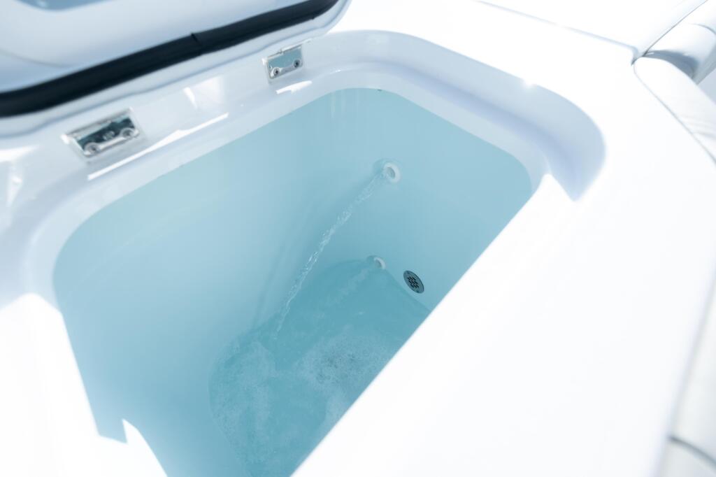 Clean white livewell with light blue water and drain holes visible inside the boat