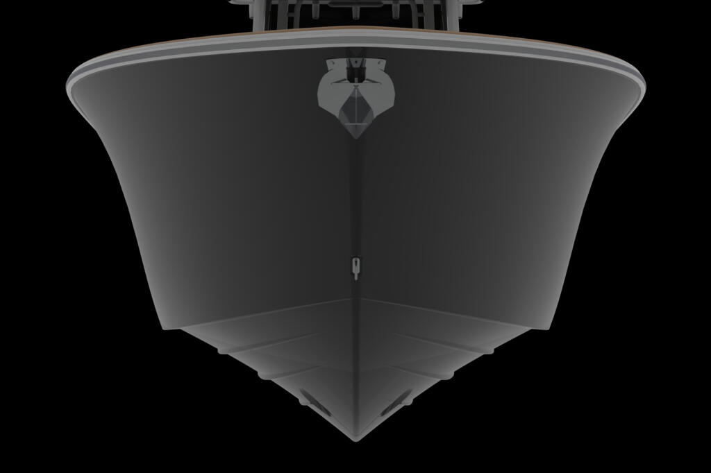 Bow view of a boat hull from above showing the anchor and forward cabin structure
