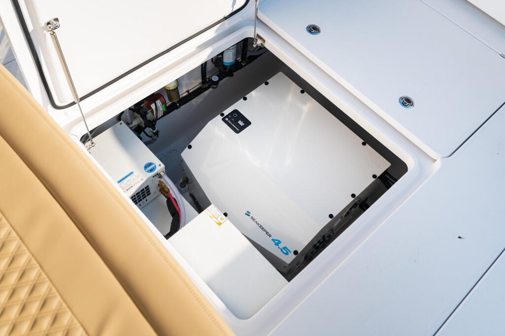 Overhead view of boat's electronics compartment with Seakeeper gyroscopic stabilizer system installed