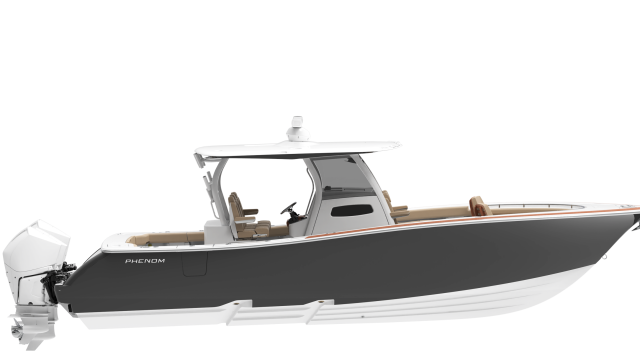 Side profile of a Phenom 34 center console boat with hardtop, tan seating, and white outboard engine