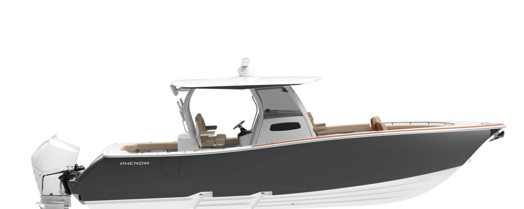 Side profile of a Phenom 34 center console boat with hardtop, tan seating, and white outboard engine