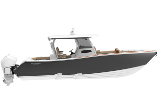 Side profile of a Phenom 34 center console boat with hardtop, tan seating, and white outboard engine